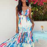 Robe mi-longue scintillante à volants et gouttes d'eau - Bleu multi